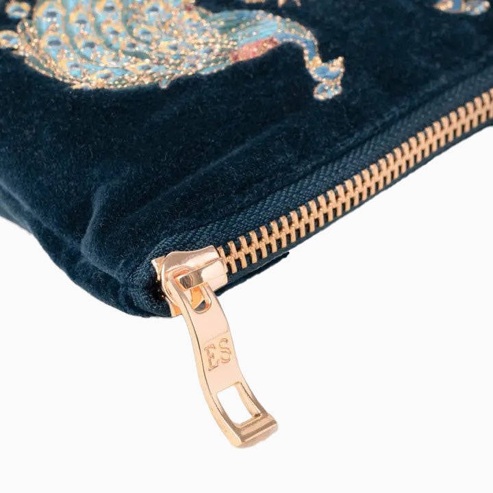 Coin Purse-86629 - Peacock Floral Ink Blue Velvet Coin Purse-Elizabeth Scarlett