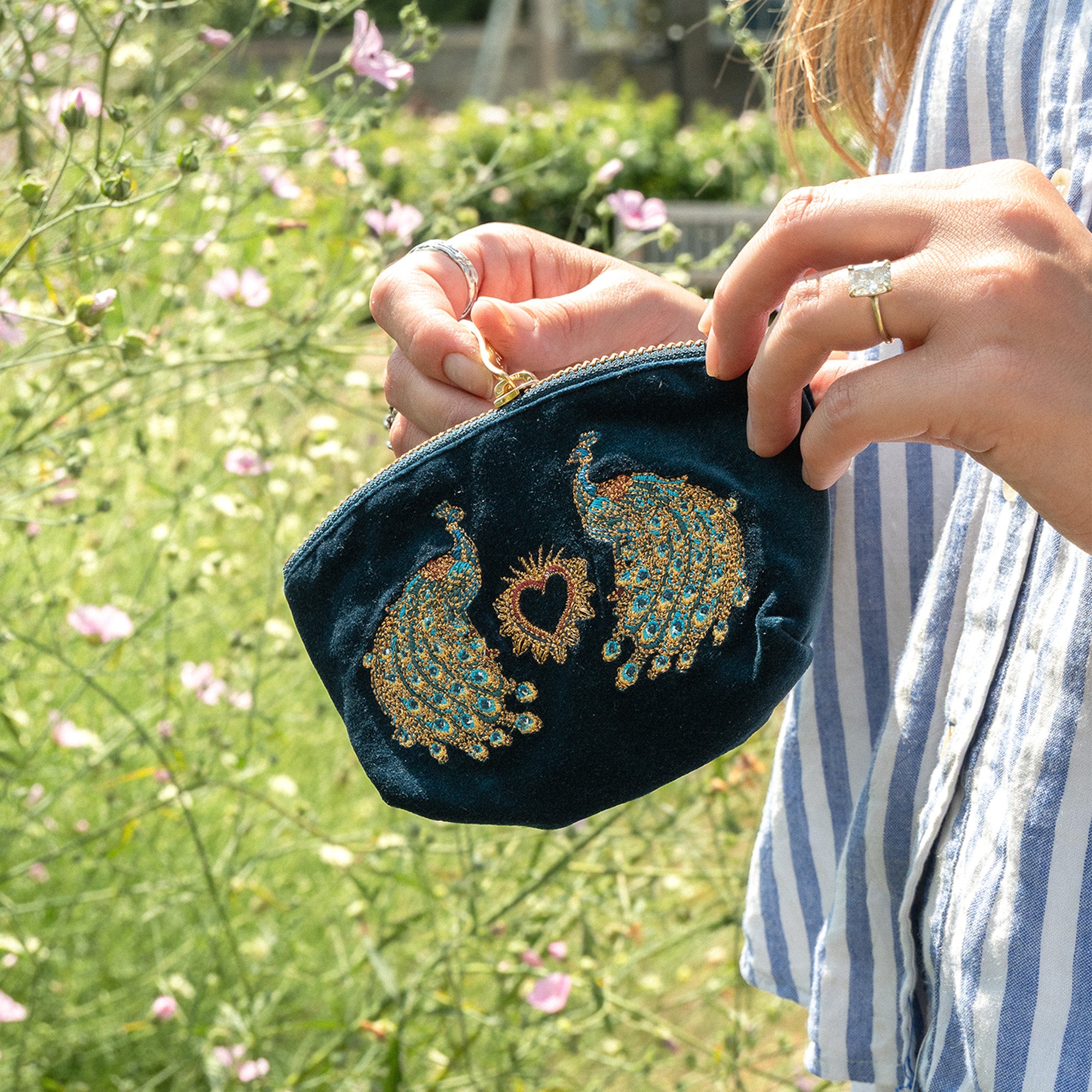 Coin Purse-86629 - Peacock Floral Ink Blue Velvet Coin Purse-Elizabeth Scarlett
