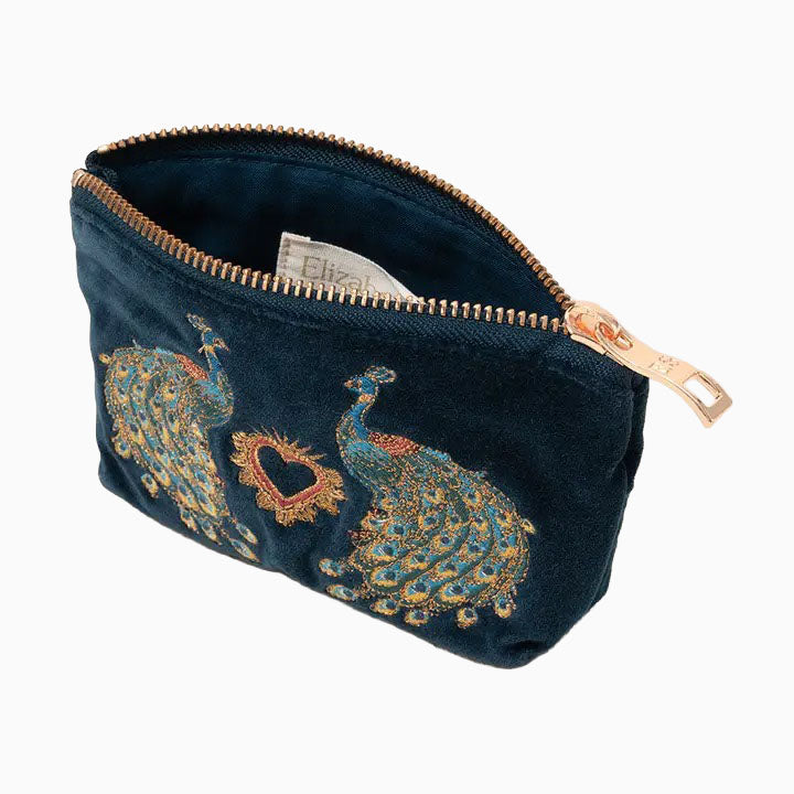 Coin Purse-86629 - Peacock Floral Ink Blue Velvet Coin Purse-Elizabeth Scarlett