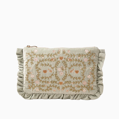 Sage green velvet everyday pouch featuring a delicate floral and leaf embroidery pattern with ruffled side edges.