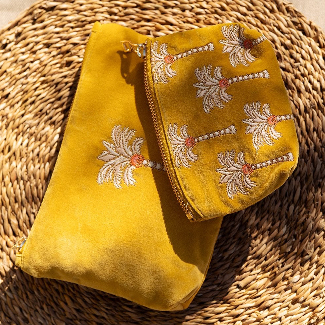 Coin Purse-99155 - Sunrise Palms Mustard Velvet Coin Purse-Elizabeth Scarlett