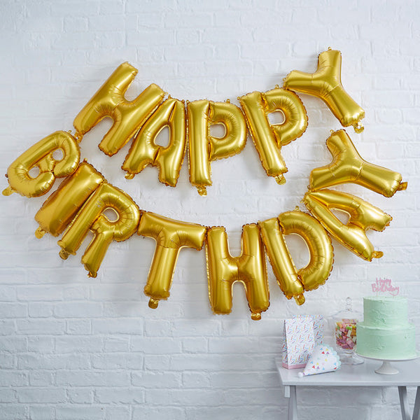 Balloon - PM-956 - Gold Happy Birthday Foil Balloon Bunting - Gold Happy Birthday Foil Balloon Bunting - Pick and Mix - Whistlefish