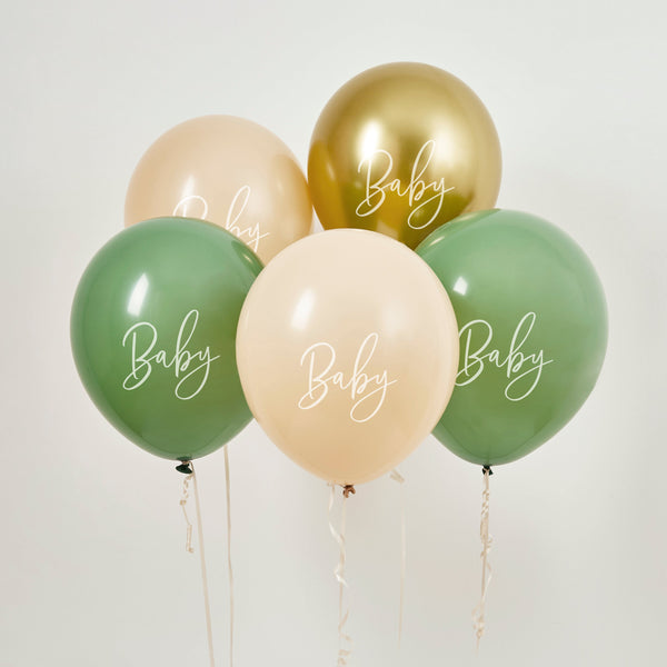 Balloons - HBBS209 - Sage, Nude & Gold 'Baby' 5pcs Balloons - Sage, Nude & Gold 'Baby' Latex Balloons 5pcs - Whistlefish