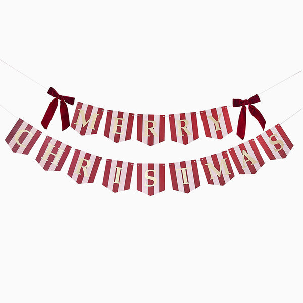 Banner-HBSB203 - Stripey Christmas Banner With Velvet Bow-Hootyballoo