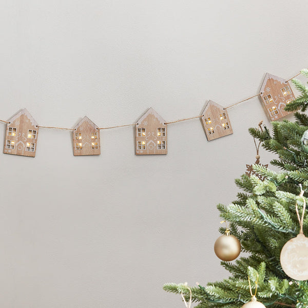 Wooden House Bunting With Lights - Whistlefish