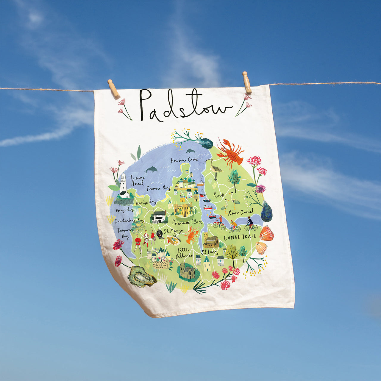 Tea Towel-CR02TT - Padstow Map Tea Towel-Clair Rossiter