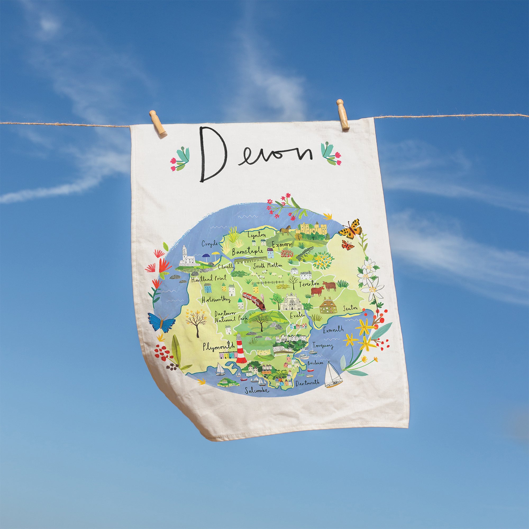 Tea Towel-CR04TT - Devon Map Tea Towel-Clair Rossiter