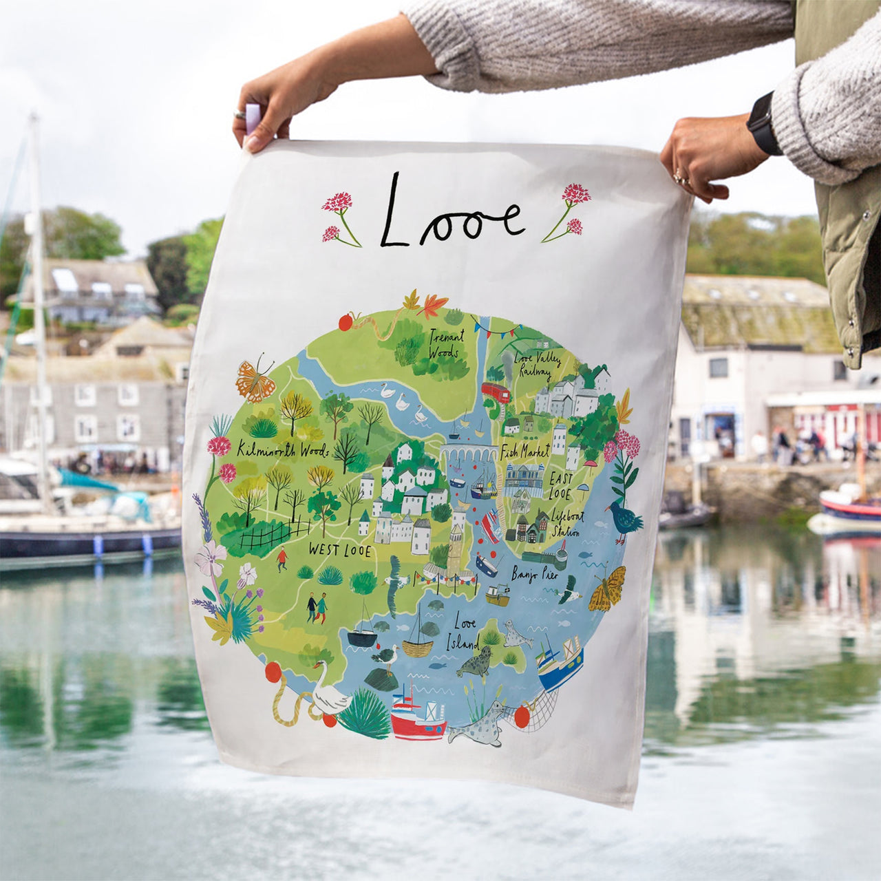 Tea Towel-CR07TT - Looe Map Tea Towel-Clair Rossiter