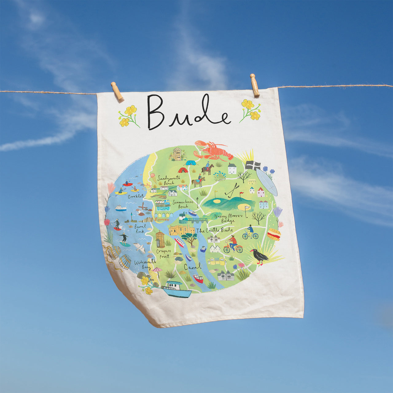 Tea Towel-CR08TT - Bude Map Tea Towel-Clair Rossiter