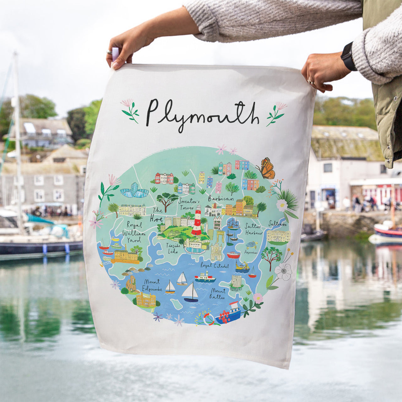 Tea Towel-CR12TT - Plymouth Map Tea Towel-Clair Rossiter