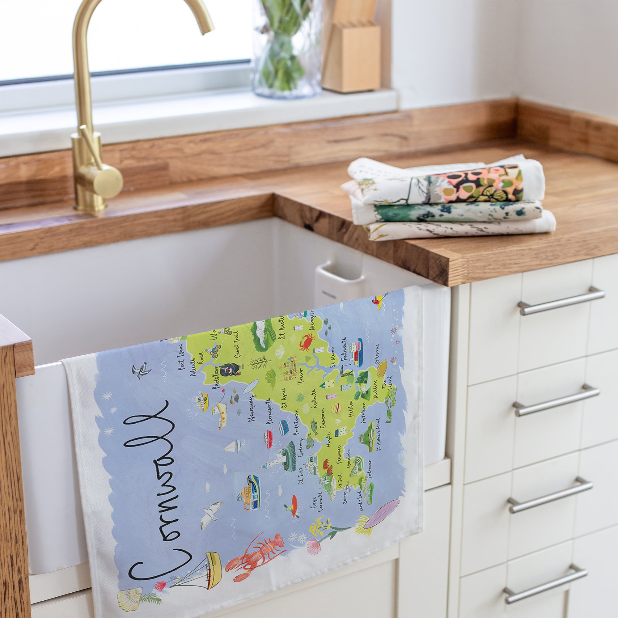 Tea Towel-CR19TT - Cornwall Landscape Map Tea Towel-Clair Rossiter
