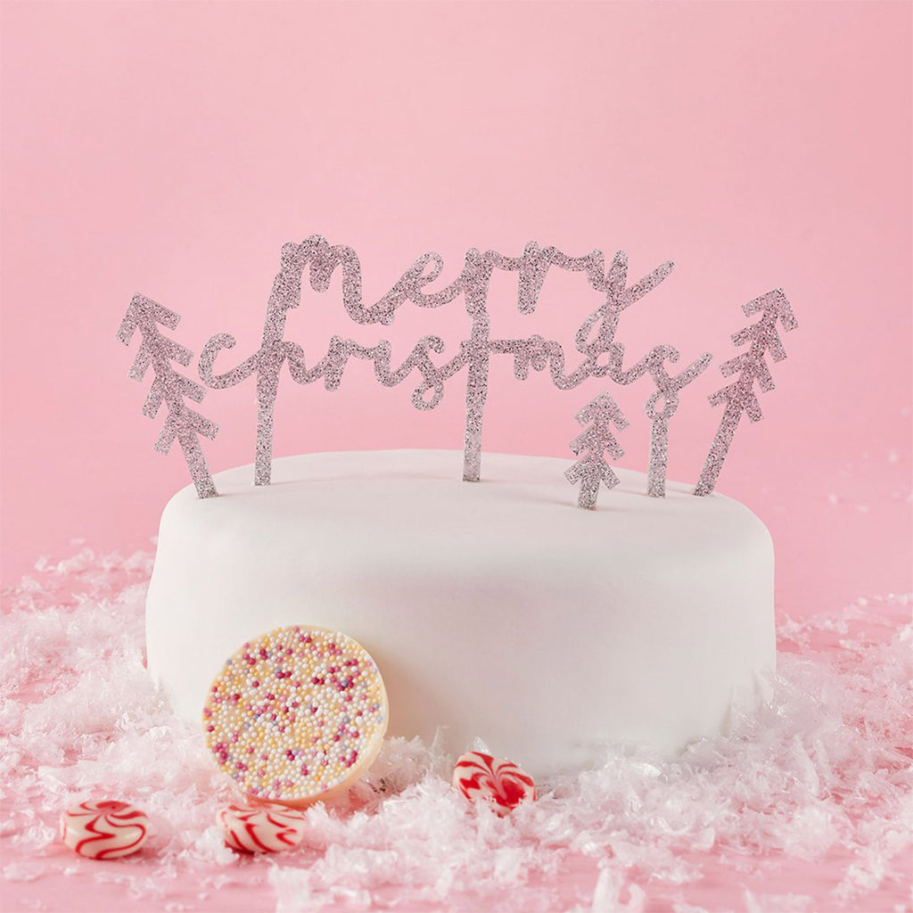Cake Topper-HBGC107 - Silver Christmas Glitter Cake Topper-Hootyballoo