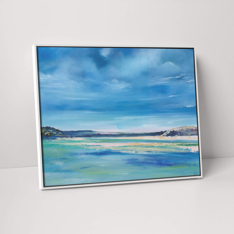 Canvas-ICC88F - Blue Waters, Daymer Beach Framed Canvas-Whistlefish