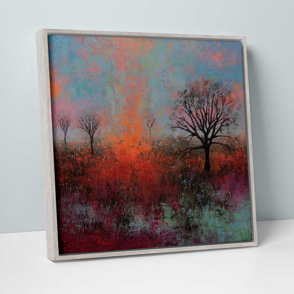 Canvas - JSC17F - No.2 of Rural Landscapes Medium Framed Canvas - A splash of colours beautifully organised to express a contemporary view of a landscape. The painting combines hues of orange, blue, green, turquoise, and pink, giving it a rich palette to fill in any room with colour.