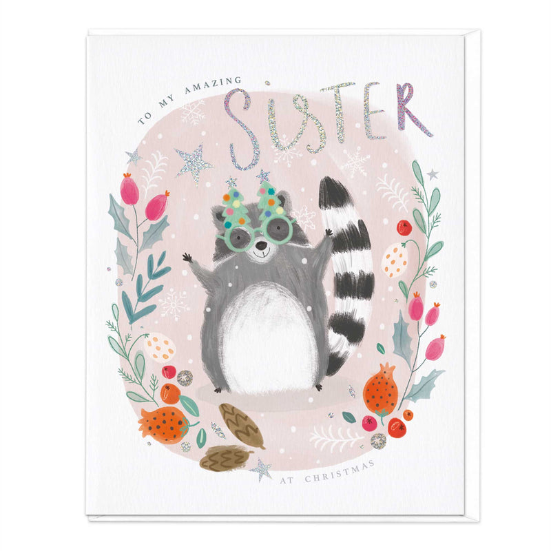 Christmas Card - X3018 - Oval Raccoon Sister Christmas Card - Oval Raccoon Sister Christmas Card - Whistlefish