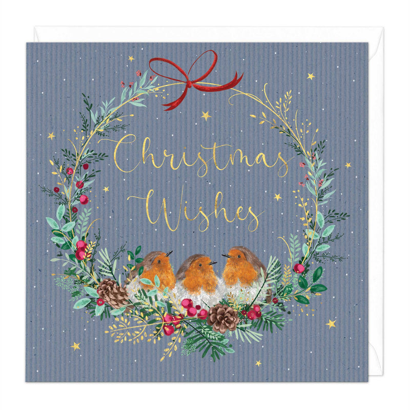 Christmas Card - X3116 - Blue Wreath Robin Christmas Card - Blue Wreath Robin Christmas Card - Whistlefish