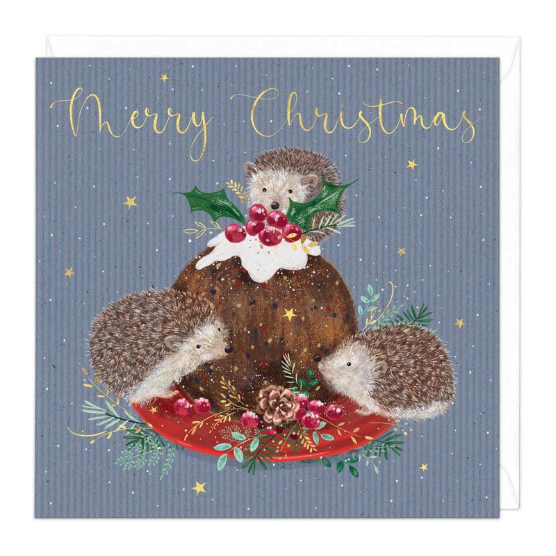 Christmas Card - X3117 - Blue Hedgehog Pudding Christmas Card - Blue Hedgehog Pudding Christmas Card - Whistlefish