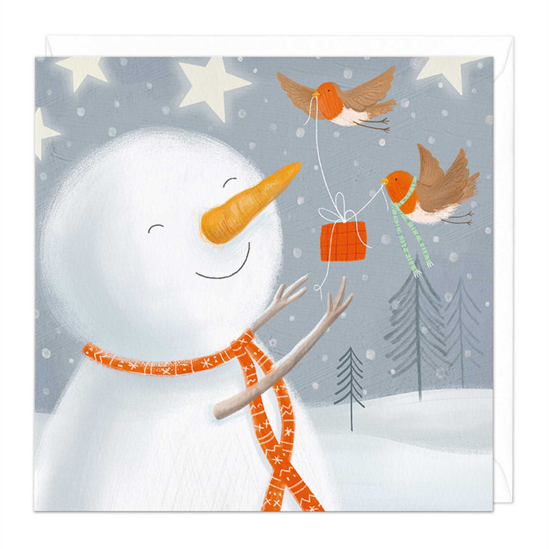 Christmas Card - X3180 - Snowman Robins Christmas Card - Snowman Robins Christmas Card - Whistlefish