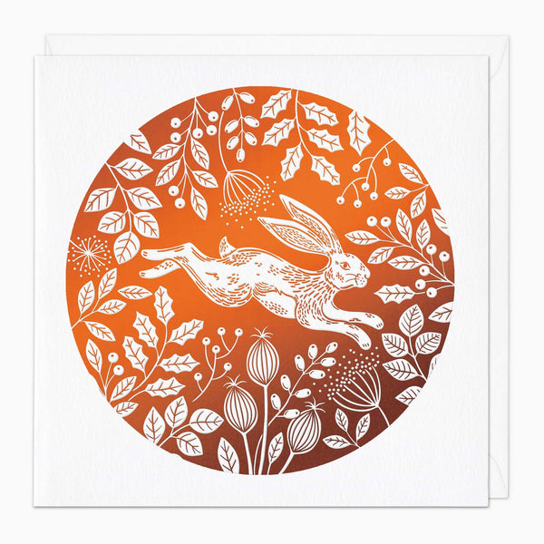 Christmas Card-XA026 - Orange Foil Hare Christmas Card-Whistlefish