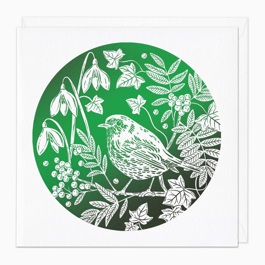 Christmas Card-XA029 - Green Foil Robin Christmas Card-Whistlefish