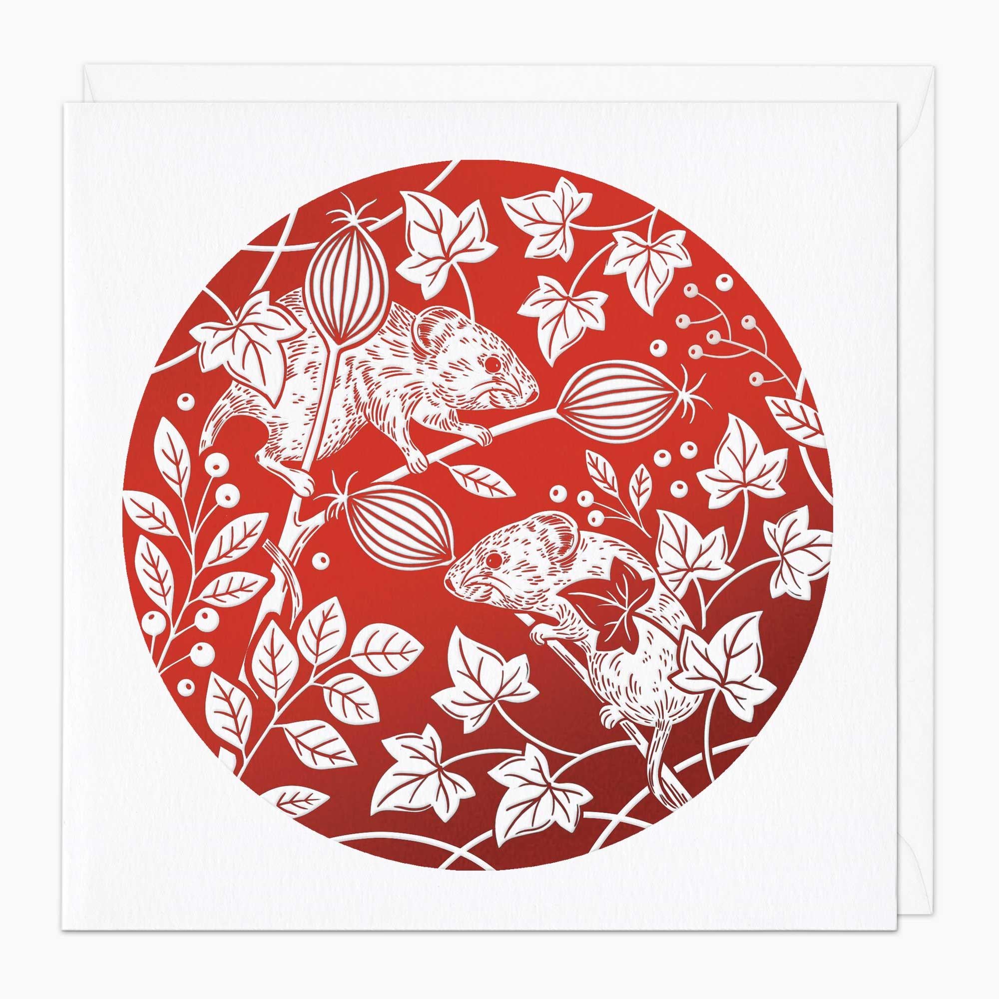 Christmas Card-XA036 - Red Foil Dormice Christmas Card-Whistlefish