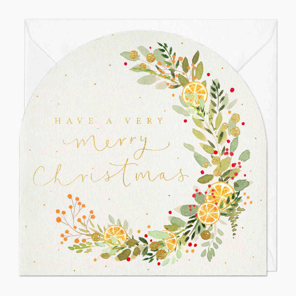 Christmas Card-XA038 - Watercolour Orange Wreath Christmas Card-Whistlefish
