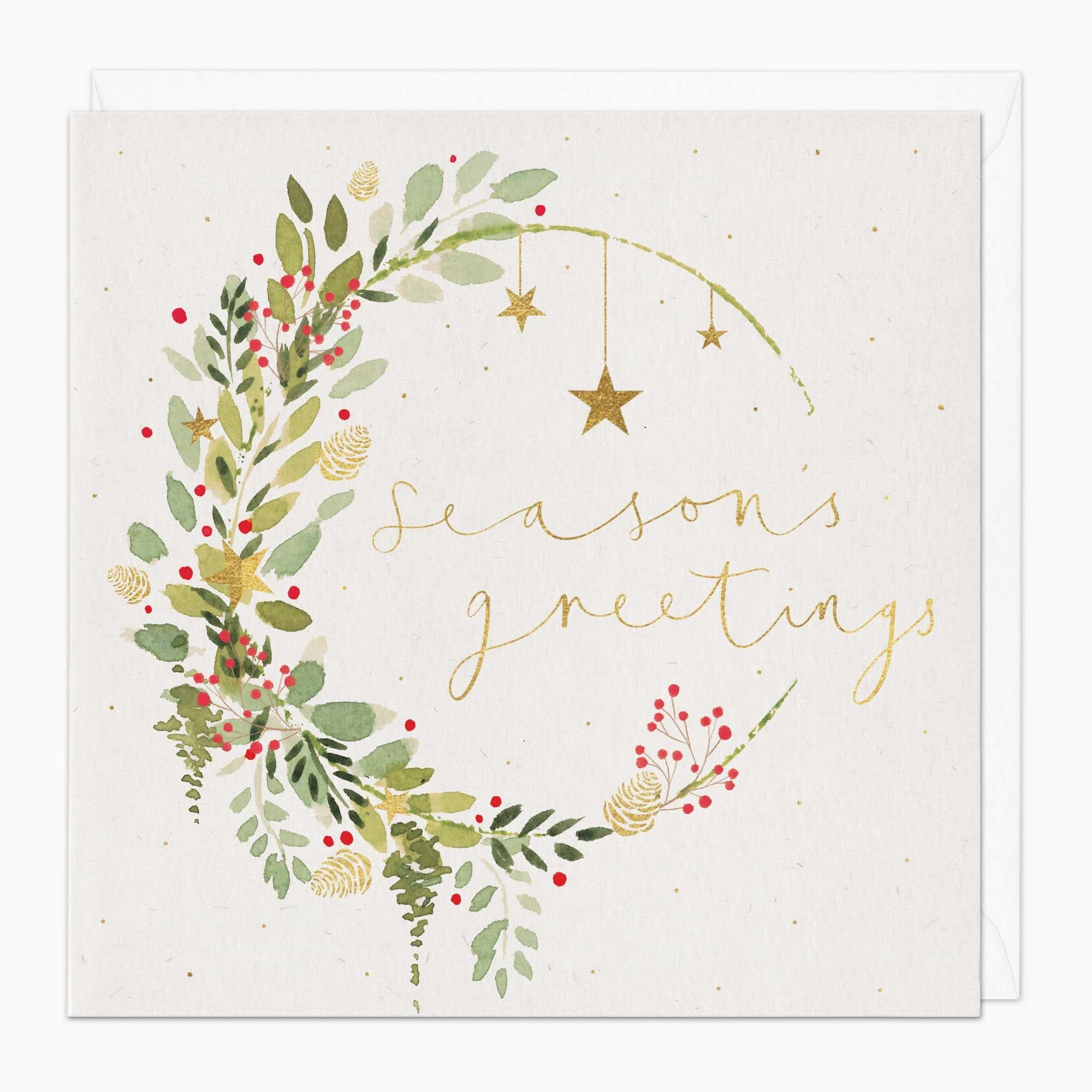 Christmas Card-XA042 - Watercolour Golden Wreath Christmas Card-Whistlefish