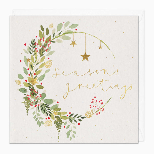 Christmas Card-XA042 - Watercolour Golden Wreath Christmas Card-Whistlefish