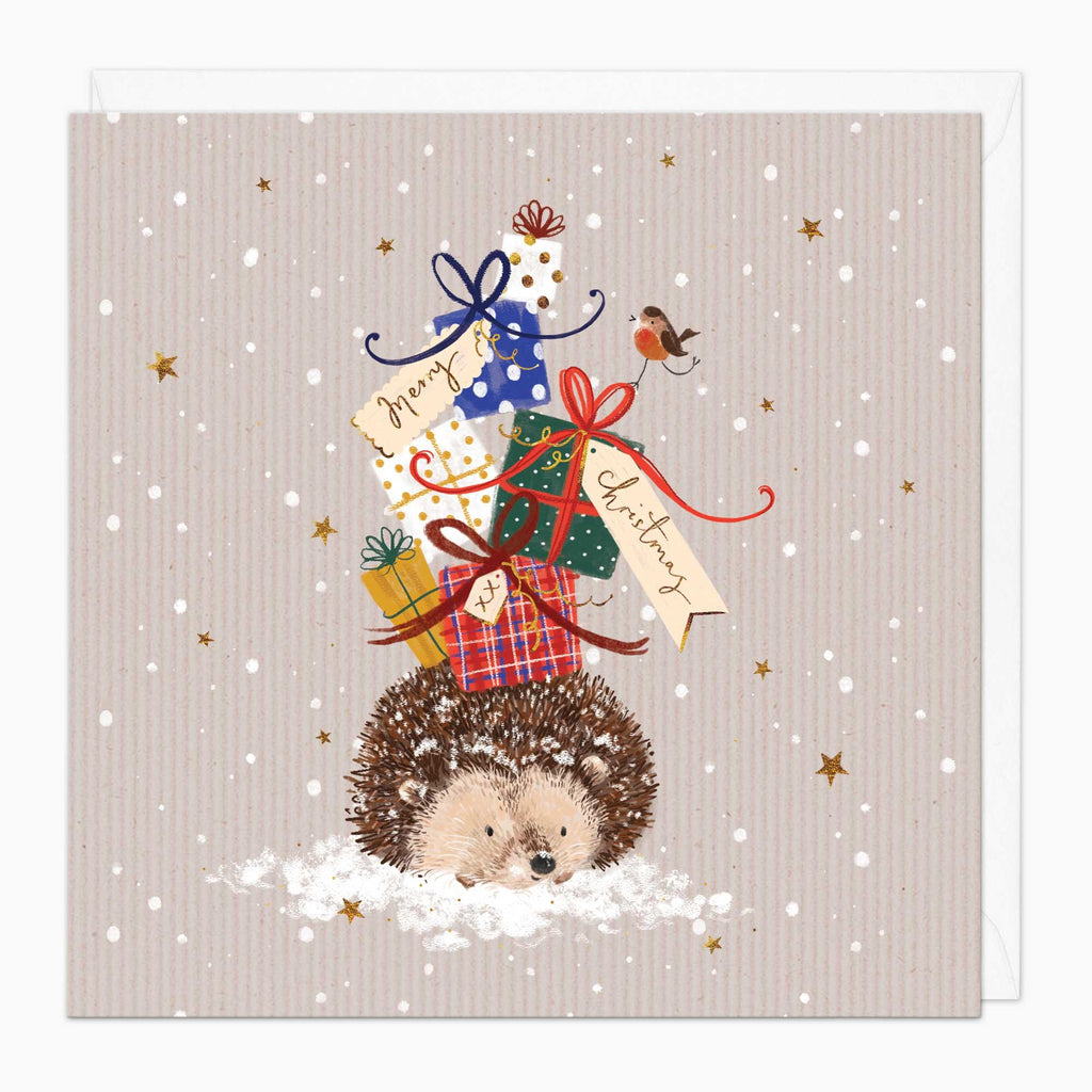 Christmas Card-XA217 - Hedgehog Present Pile Christmas Card-Whistlefish