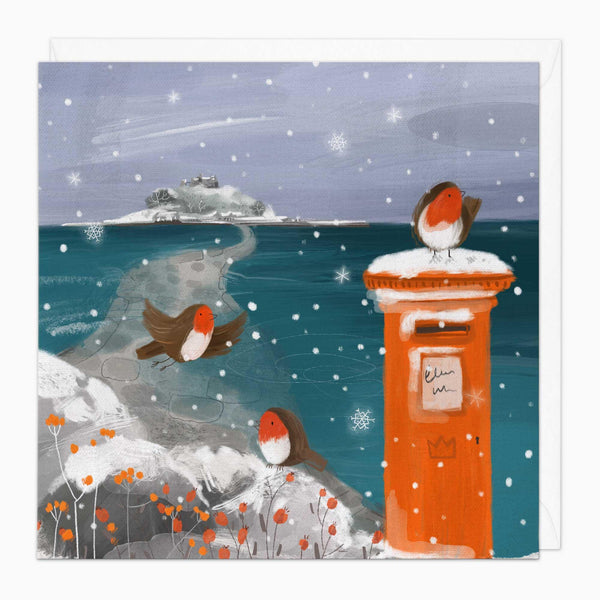 Christmas Card-XA301 - St Michaels Mount Robins Christmas Card-Whistlefish