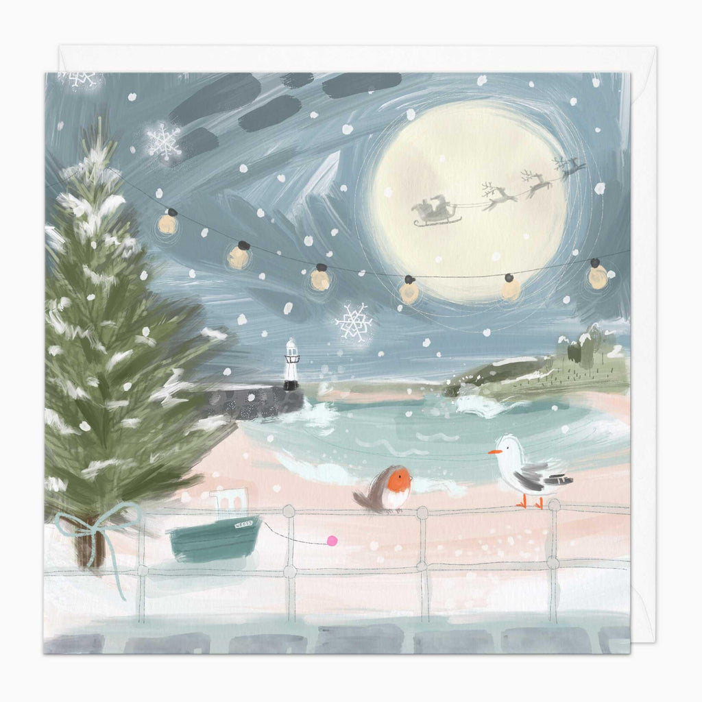 Christmas Card-XA302 - Lighthouse At Night Christmas Card-Whistlefish