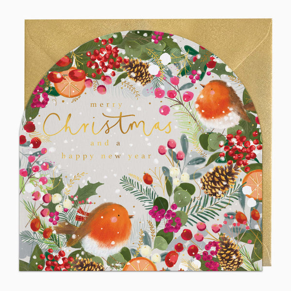 Christmas Card-XA323 - Robins Among Vibrant Floral Christmas Card-Whistlefish
