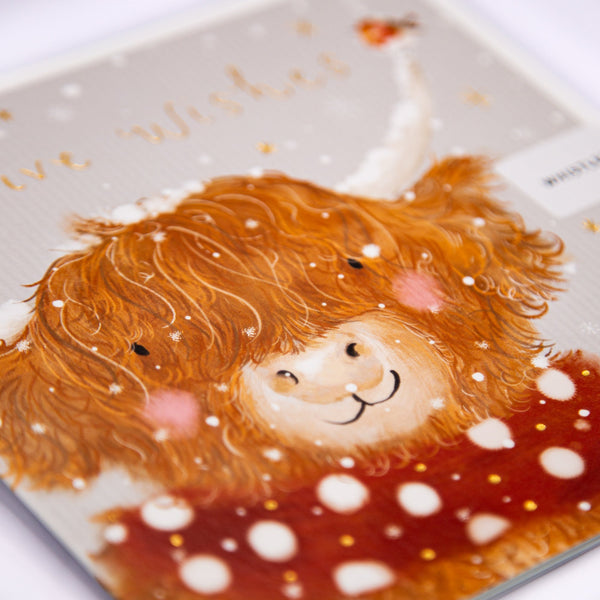 Christmas Card - Z059 - Festive Wishes, Highland Cow Christmas Card - Festive Highland Cow Christmas Card - Whistlefish