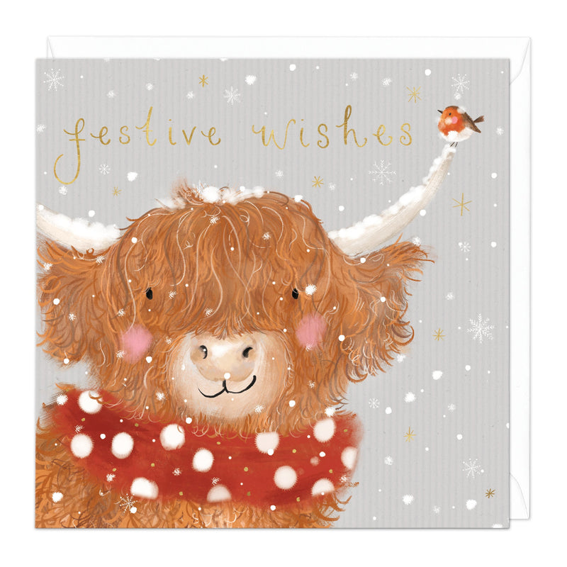 Christmas Card - Z059 - Festive Wishes, Highland Cow Christmas Card - Festive Highland Cow Christmas Card - Whistlefish