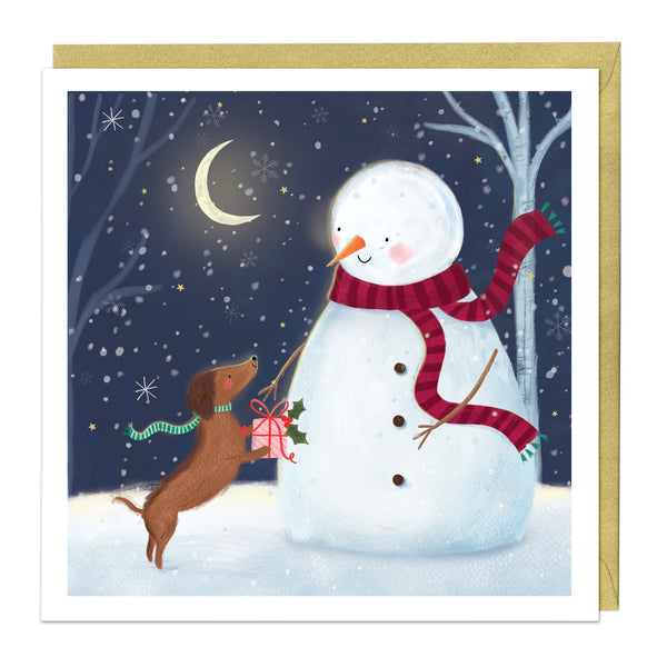 Christmas Card - Z105 - Under The Moon Christmas Card - Crescent Moon Snowman Christmas Card - Whistlefish