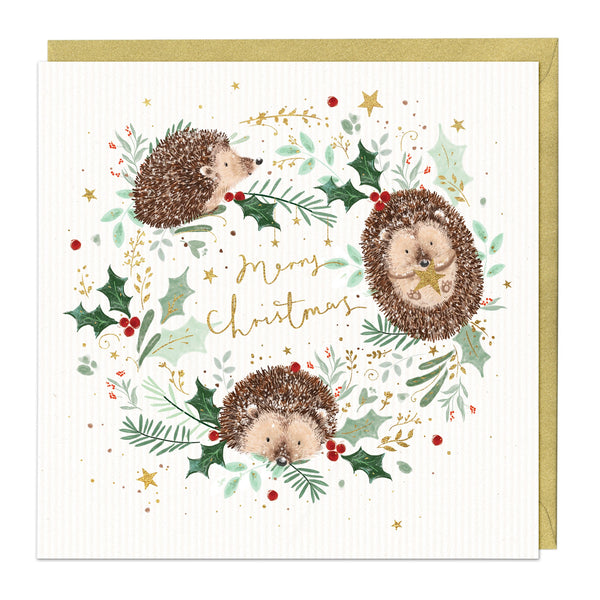 Christmas Card - Z112 - Hedgehogs Wreath Christmas Card - Merry Christmas Hedgehogs Card - Whistlefish