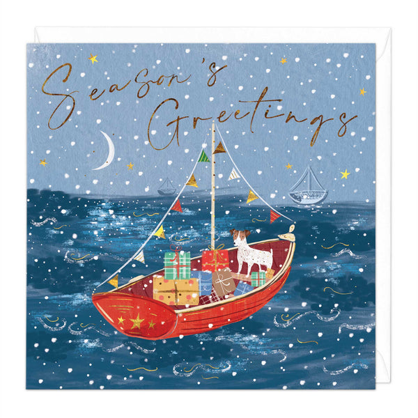 Christmas Card - Z185 - Festive Boat Christmas Card - Red Boat Christmas Card - Whistlefish