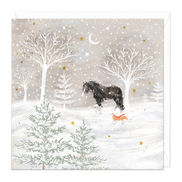 Christmas Card - Z267 - Horse & Fox Winter Scenery Christmas Card - Horses Christmas Card - Whistlefish