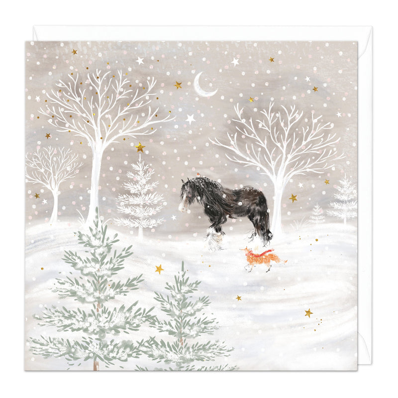 Christmas Card - Z267 - Horse & Fox Winter Scenery Christmas Card - Horses Christmas Card - Whistlefish