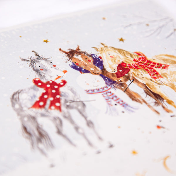 Christmas Card - Z271 - Horses & Snowman Christmas Card - Christmas Ponies & Snowman - Whistlefish