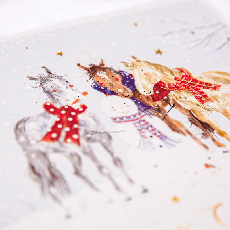 Christmas Card - Z271 - Horses & Snowman Christmas Card - Christmas Ponies & Snowman - Whistlefish