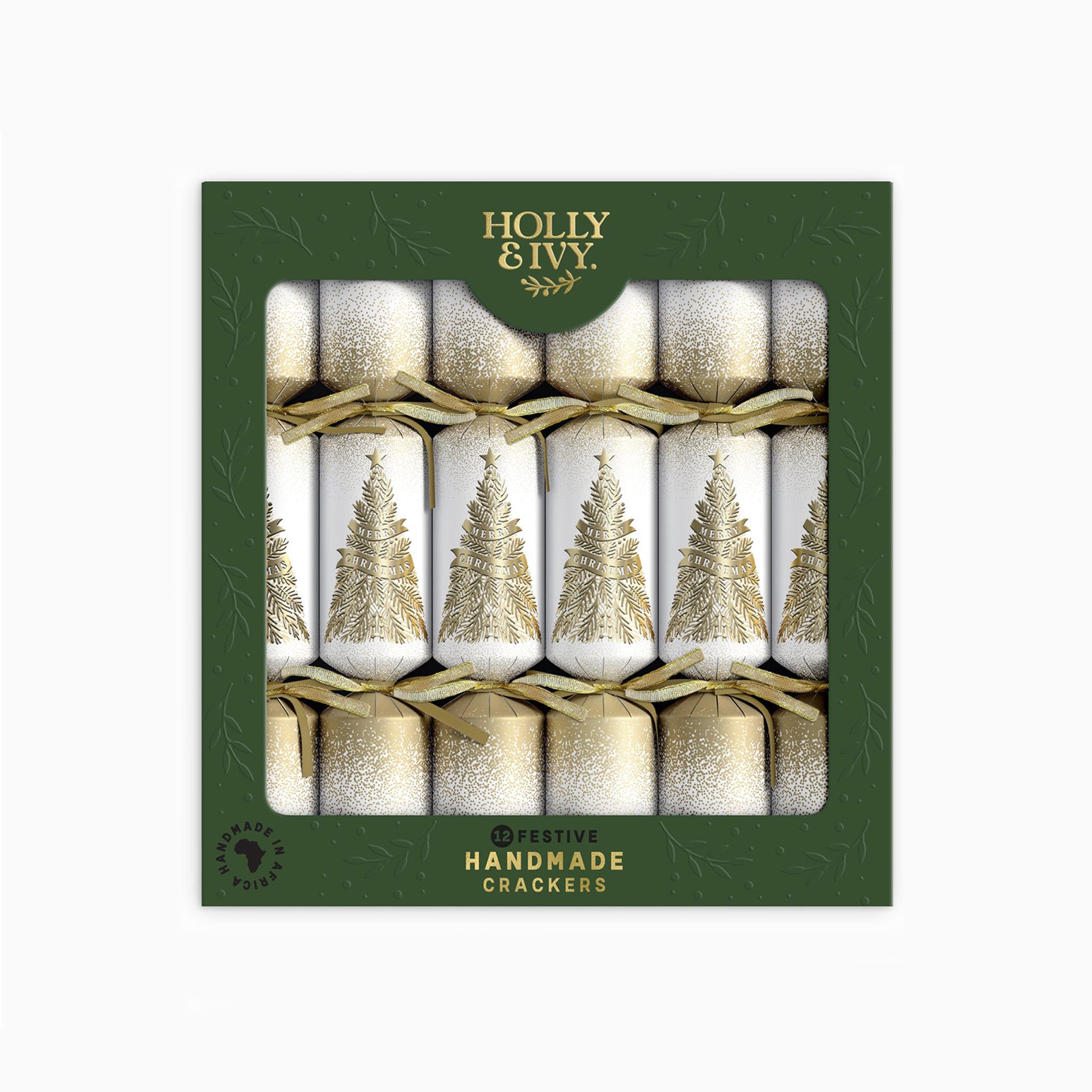Christmas Crackers-HI25-FES-4 - 12 Gold Trees Christmas Crackers-Holly & Ivy