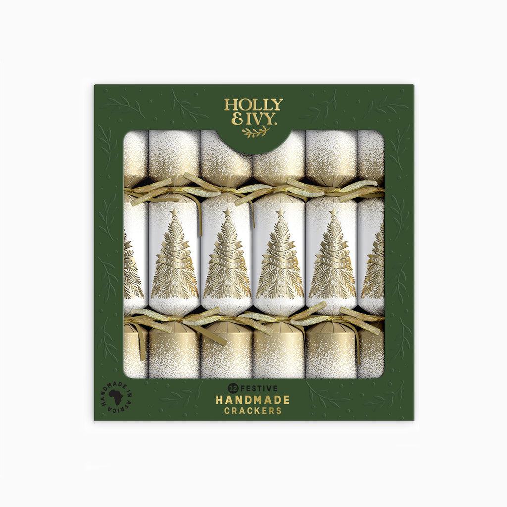 Christmas Crackers-HI25-FES-4 - 12 Gold Trees Christmas Crackers-Holly & Ivy
