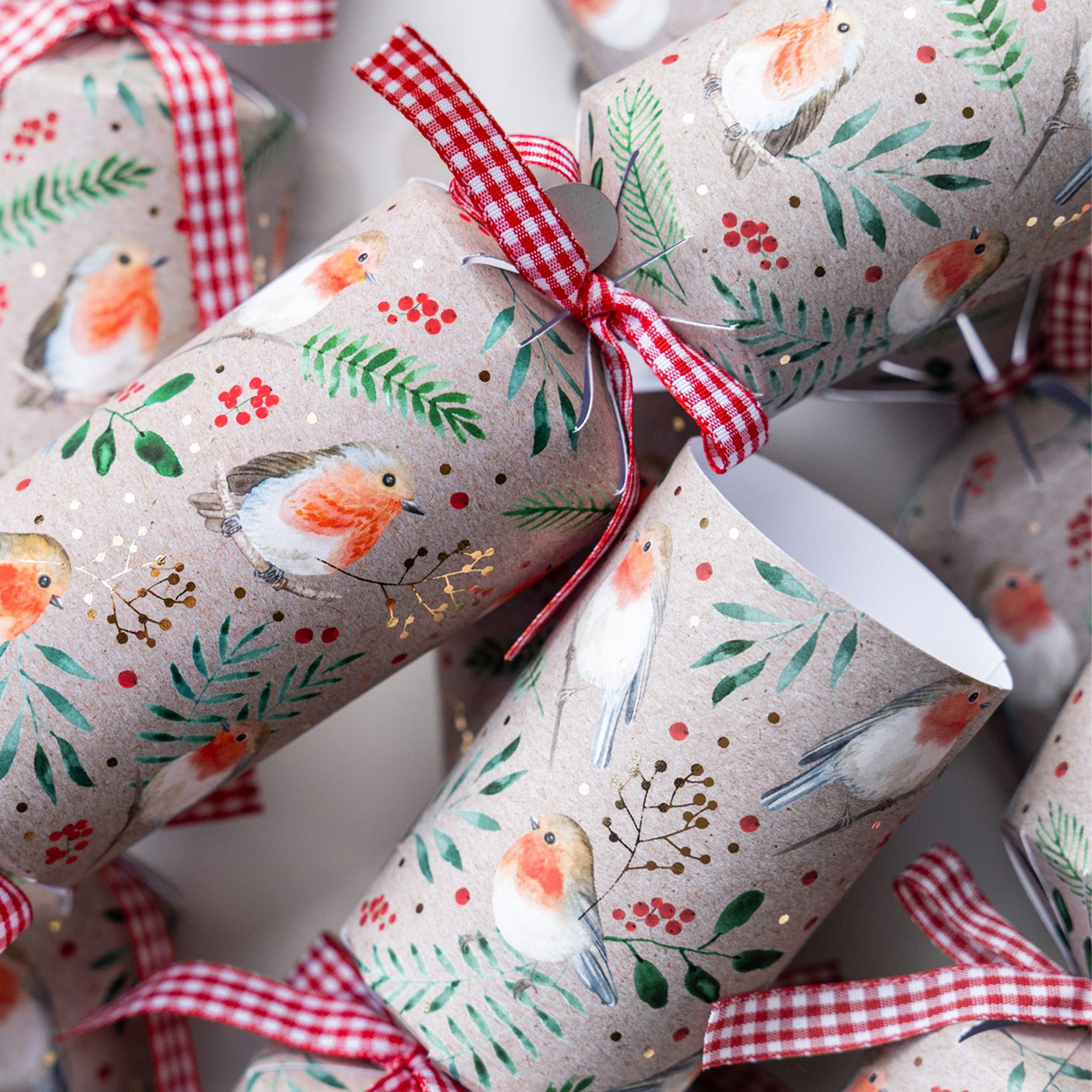 Christmas Crackers-HI25-LUX-7 - 6 Kraft Robin Christmas Crackers-Holly & Ivy