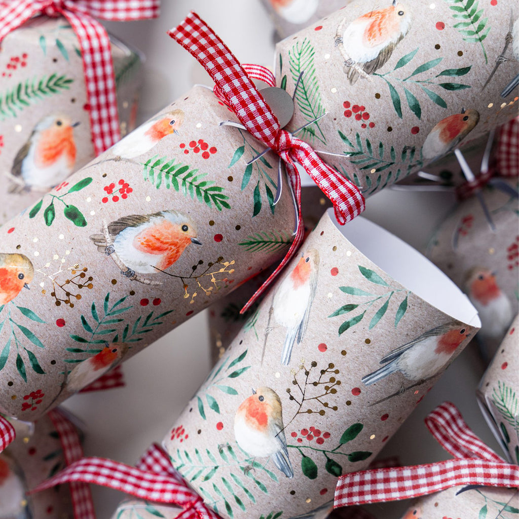 Christmas Crackers-HI25-LUX-7 - 6 Kraft Robin Christmas Crackers-Holly & Ivy
