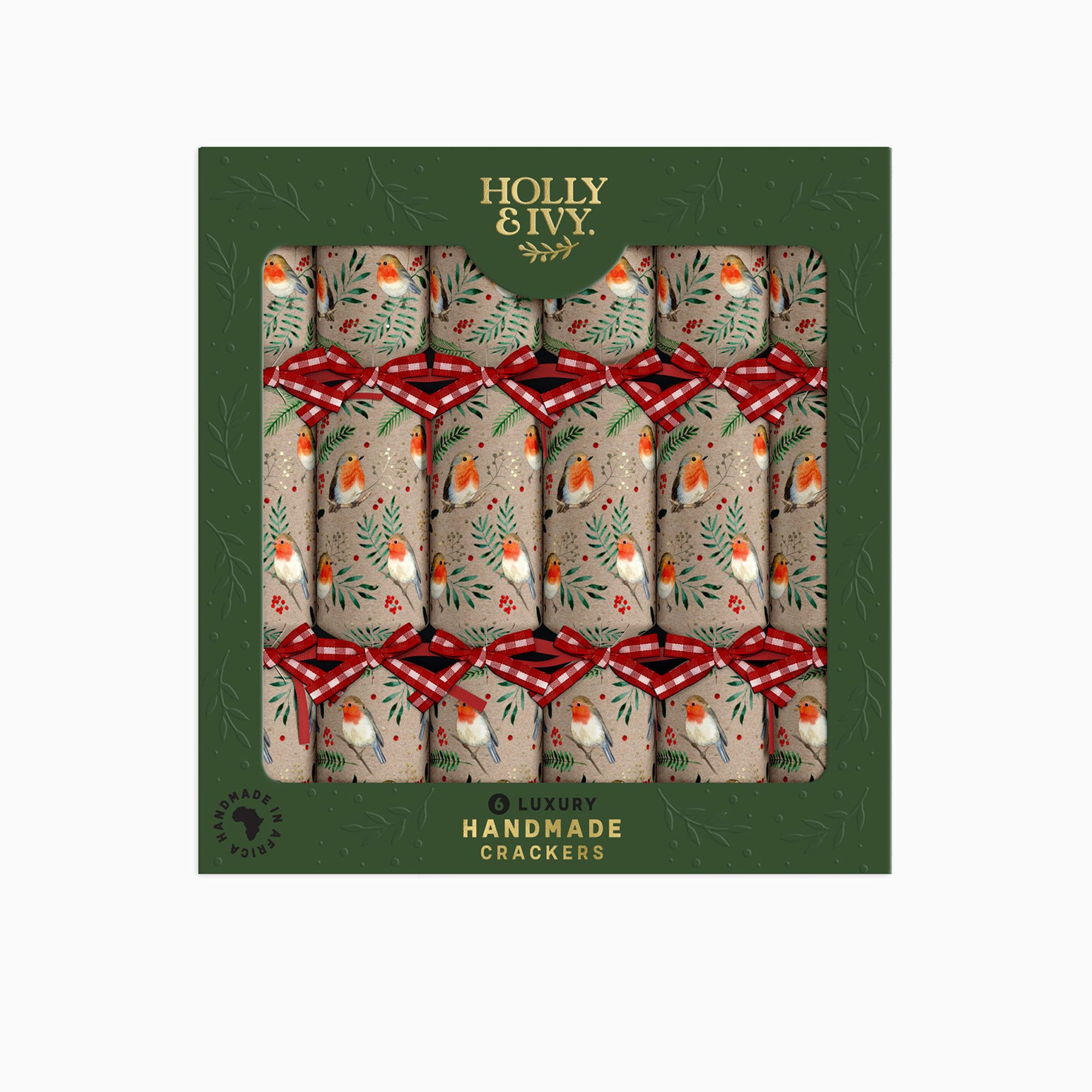 Christmas Crackers-HI25-LUX-7 - 6 Kraft Robin Christmas Crackers-Holly & Ivy