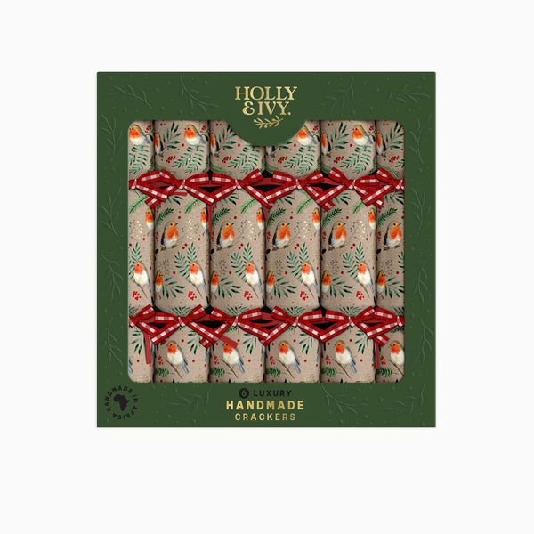 Christmas Crackers-HI25-LUX-7 - 6 Kraft Robin Christmas Crackers-Holly & Ivy