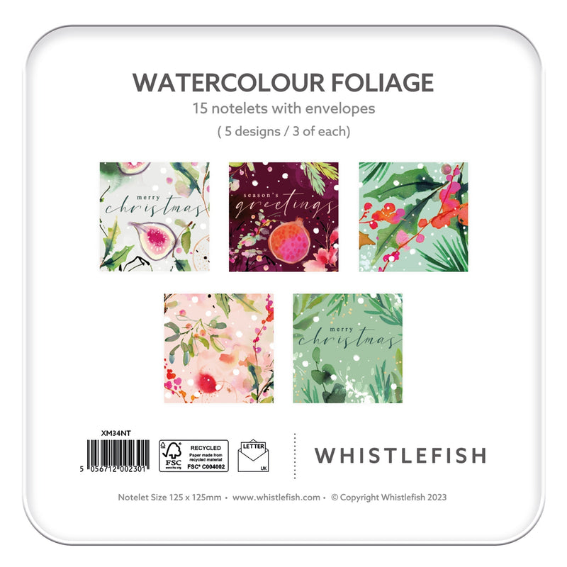 Christmas Notelet Tin - XM34NT - Watercolour Foliage Notelet Tin - Watercolour Foliage Notelet Tin - Whistlefish