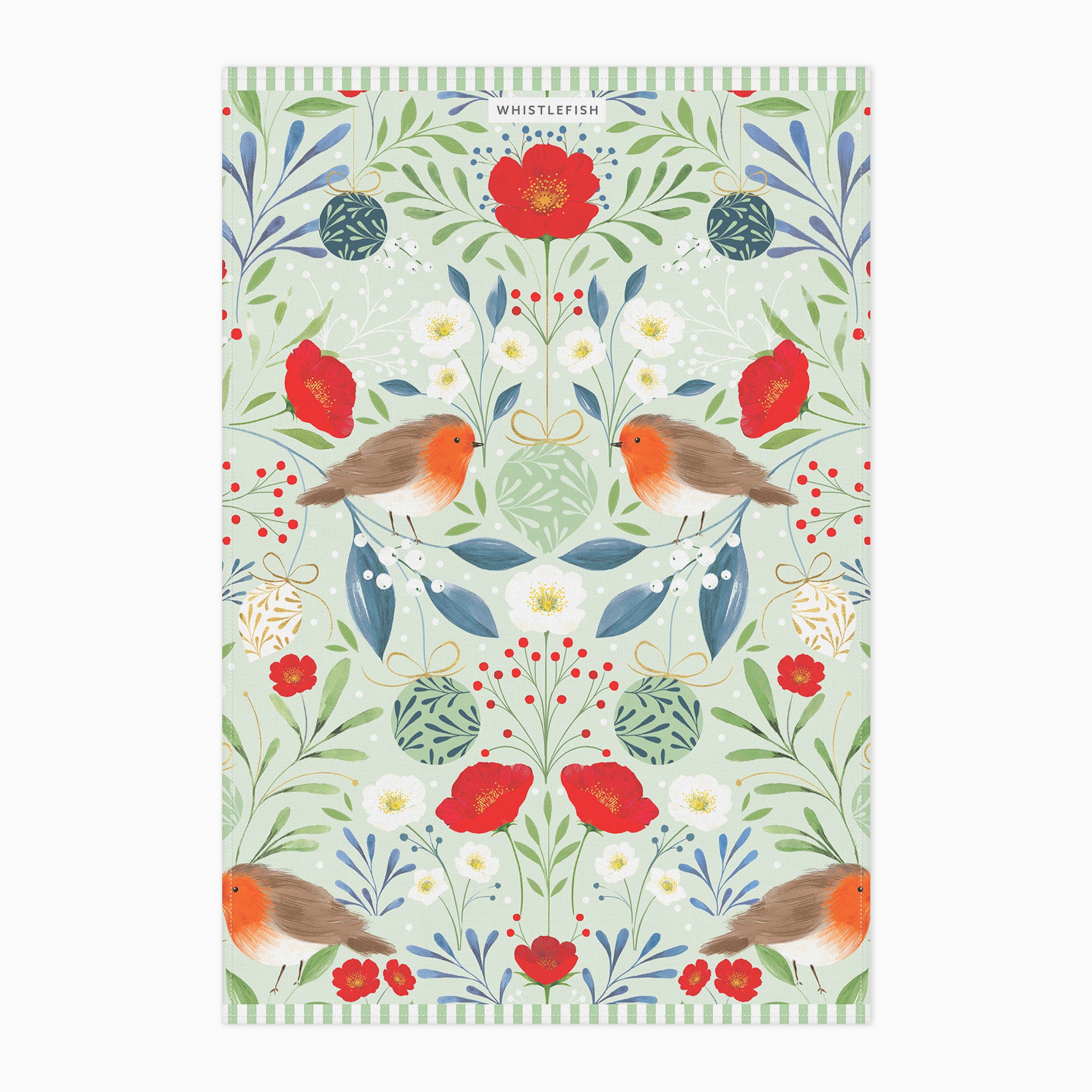 Christmas Tea Towel-XM25TT - Berry & Rose Robin Tea Towel-Whistlefish