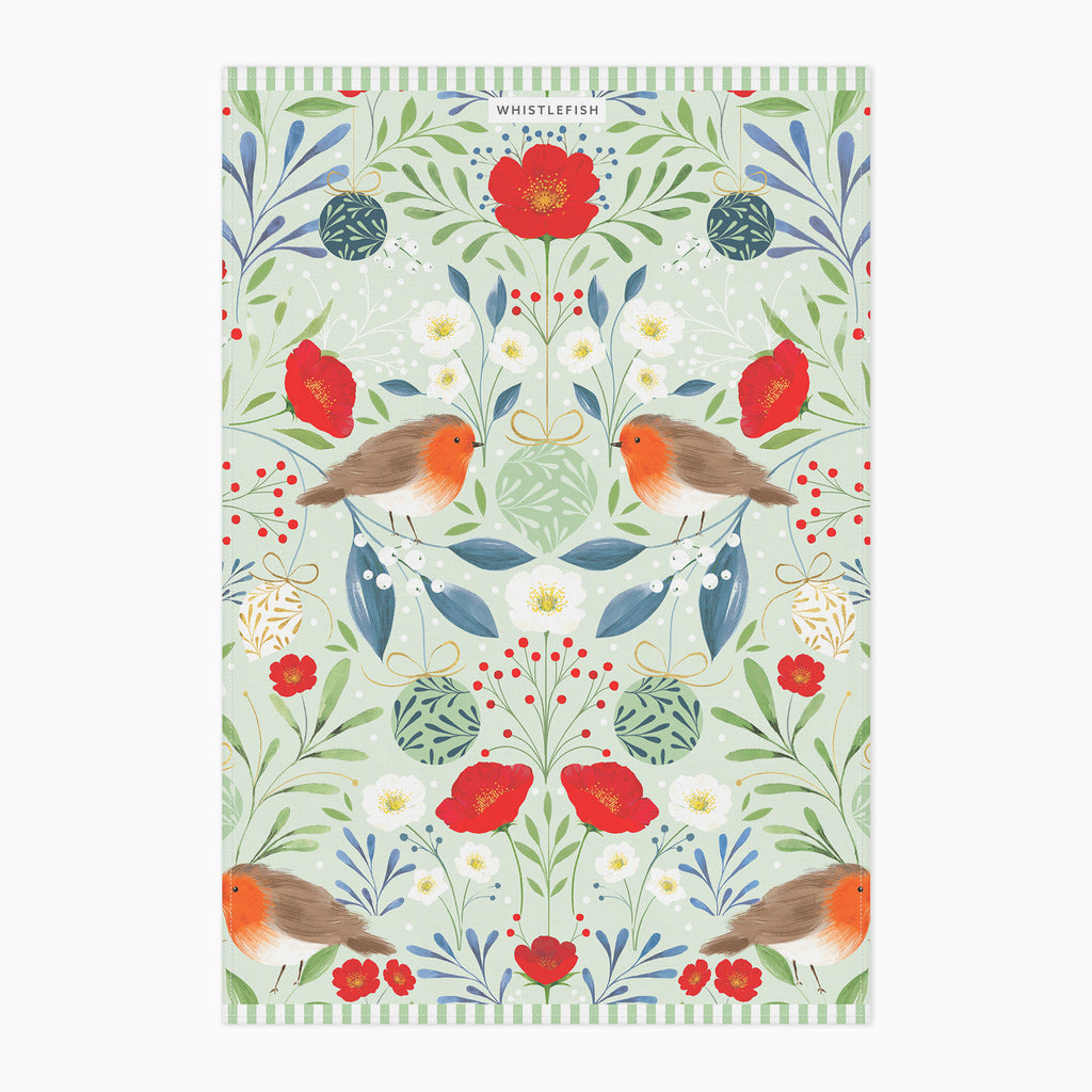 Christmas Tea Towel-XM25TT - Berry & Rose Robin Tea Towel-Whistlefish